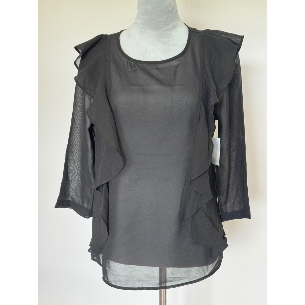 Attention Black Sheer Ruffle Blouse Missy Medium 3/4 Sleeve Keyhole Back NEW